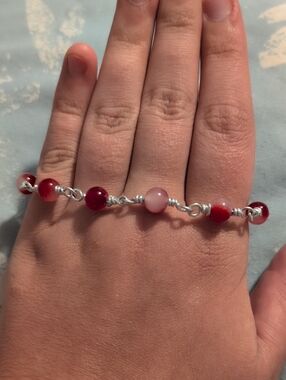Silver Wire Wrapped Red Bead Bracelet - Women Jewelry